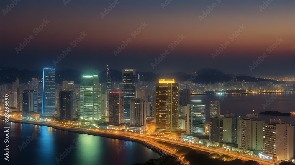Fototapeta premium the view of the sparkling city at night seen from sky in the sea in summer