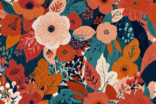 Abstract warm florals with pops of cool tones. Intricate pattern with a vibrant summer and spring vibe  perfect for seasonal themes.