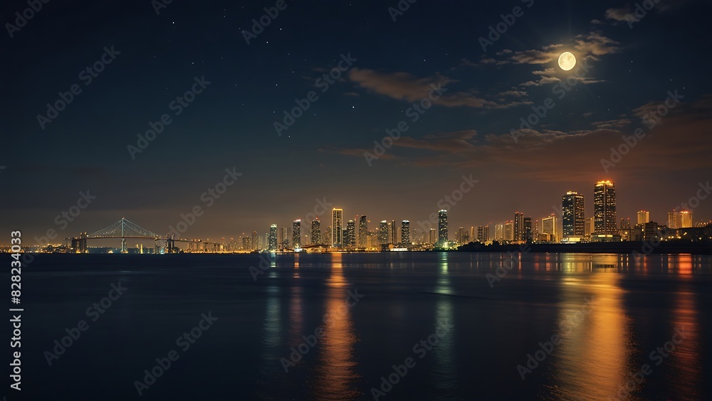 the view of the sparkling city at night seen from the sea in summer the view of the sparkling city at night seen from the sea in summer