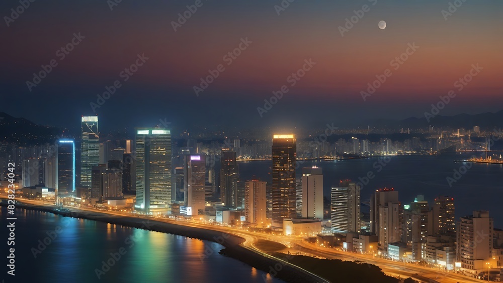 Fototapeta premium the view of the sparkling city at night seen from the sea in summer