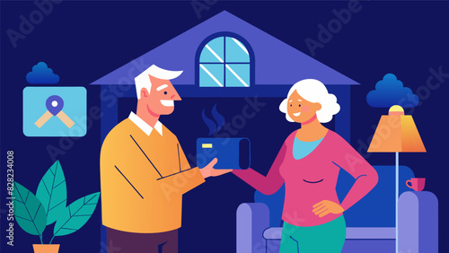 A senior couple remotely adjusting the temperature and lighting in their house with the help of voiceactivated home assistant.. Vector illustration
