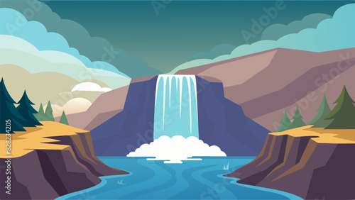 A tranquil waterfall cascading down a rocky cliff capturing the soothing sound of rushing water and inviting the viewer to feel a sense of calm.. Vector illustration