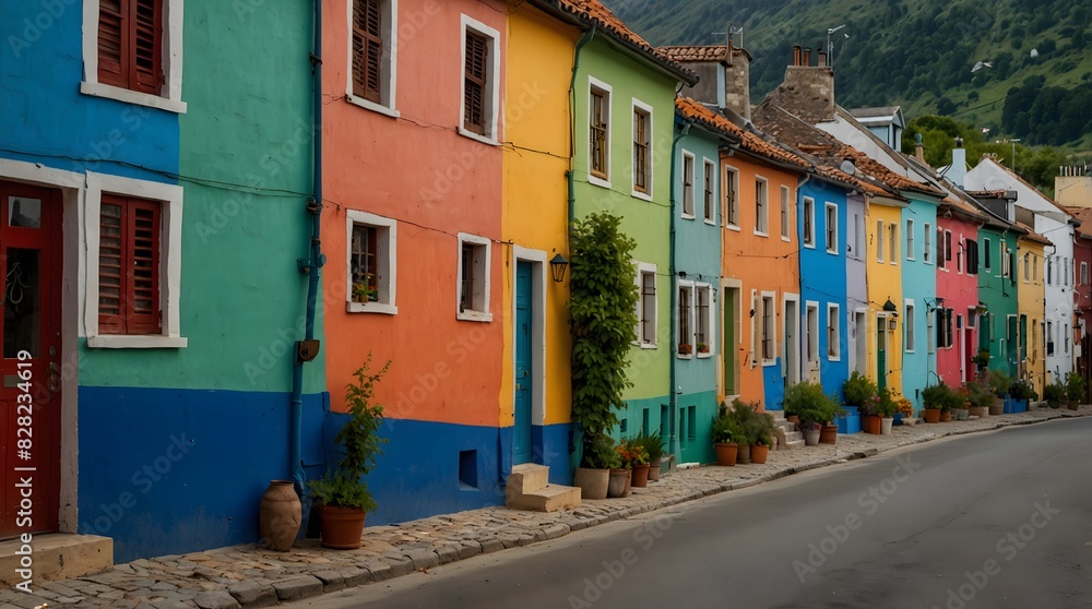 Fototapeta premium A quaint village street lined with charming houses painted in every hue of the rainbow ai_generated