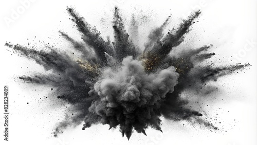 Black powder explosion with charcoal-like particles on white background photo