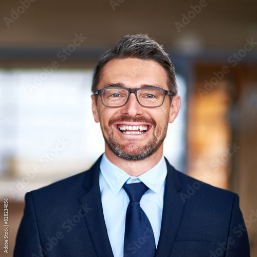 Corporate businessman, portrait and happy in office with confidence for leader in finance company. Professional, employee and face of manager with mockup, excited for auditing career and glasses