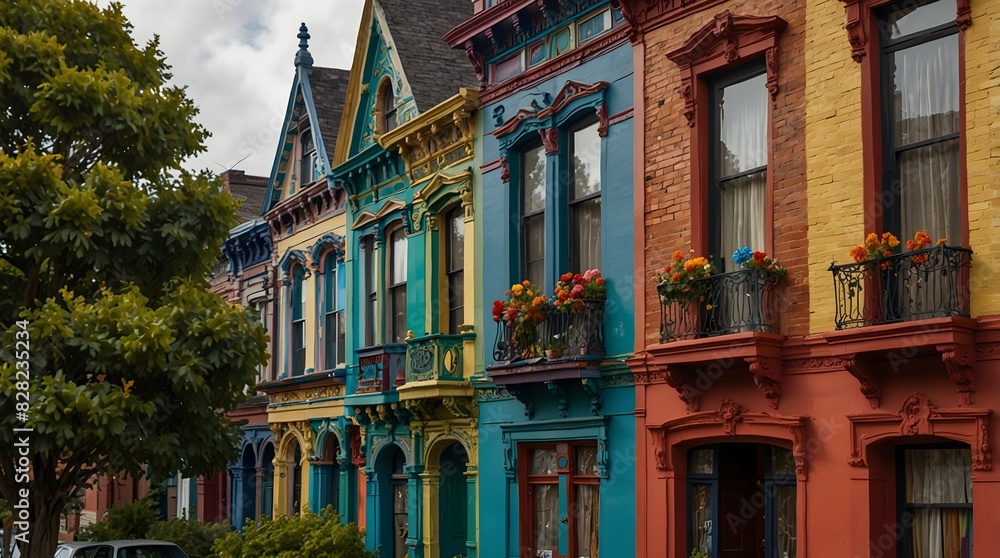 Obraz premium A poem celebrating the kaleidoscope of colors adorning a row of Victorian-style homes on a picturesque city block ai_generated