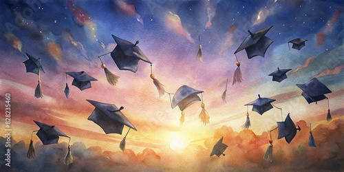 Group of black graduation caps thrown in the air during sunset celebration photo