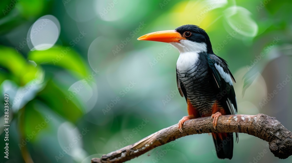 Fototapeta premium A Colorful Bird With An Orange Beak Perched On A Branch In The Jungle.