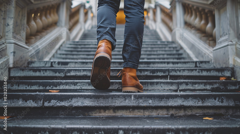 Entrepreneur walking up stairs, symbolizing ambition and career growth Entrepreneur walking up stairs, symbolizing ambition and career growth