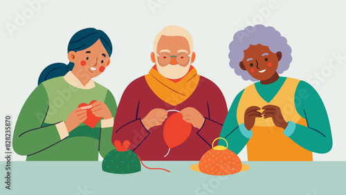 A group of seniors knitting and crocheting scarves for the homeless using their craft skills to spread love and warmth in their community.. Vector illustration