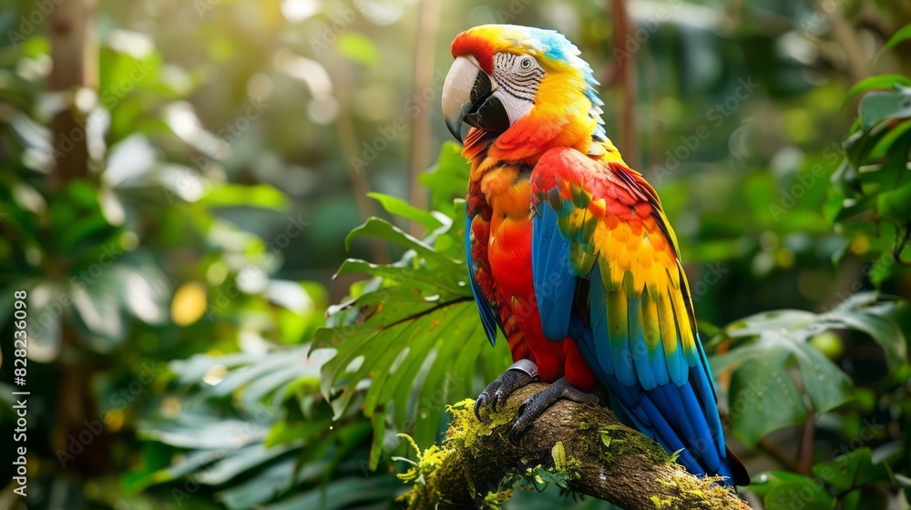 A Brightly Colored Parrot Perches On A Branch In The Jungle. A Brightly Colored Parrot Perches On A Branch In The Jungle.