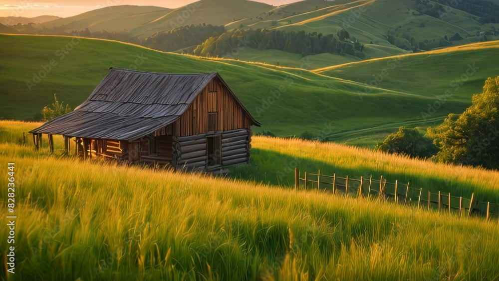 Video animation of rustic wooden barn situated in a field of tall, golden grasses. The barn appears weathered, with a sloped roof and visible wood planks Video animation of rustic wooden barn situated in a field of tall, golden grasses. The barn appears weathered, with a sloped roof and visible wood planks
