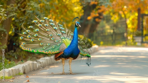 Male Peacock Displaying His Plumage In An Autumn Park photo