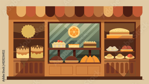A rustic bakery display window showcasing an assortment of pies and tarts drawing in customers with the mouthwatering scent of freshly baked goods.. Vector illustration