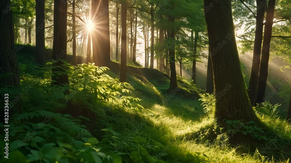 Video animation of serene forest scene with sunlight filtering through the trees. The sunbeams create a warm and inviting atmosphere Video animation of serene forest scene with sunlight filtering through the trees. The sunbeams create a warm and inviting atmosphere