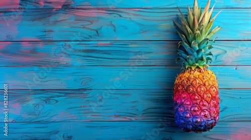 Vibrant Painted Pineapple On Blue Wooden Background