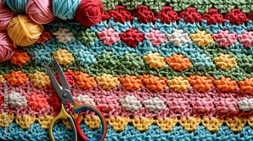 Crochet Blanket And Yarn With Scissors. photo