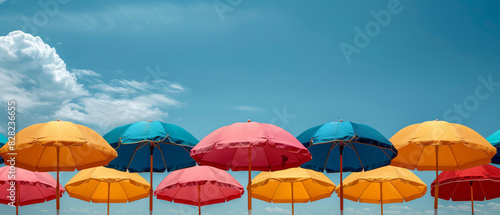 Rows of colorful beach umbrellas on a sunny day  summer wallpaper