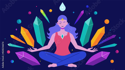 A person is shown surrounded by colorful crystals each one corresponding to a different chakra point on their body as they use crystal healing to balance their energy centers.. Vector illustration