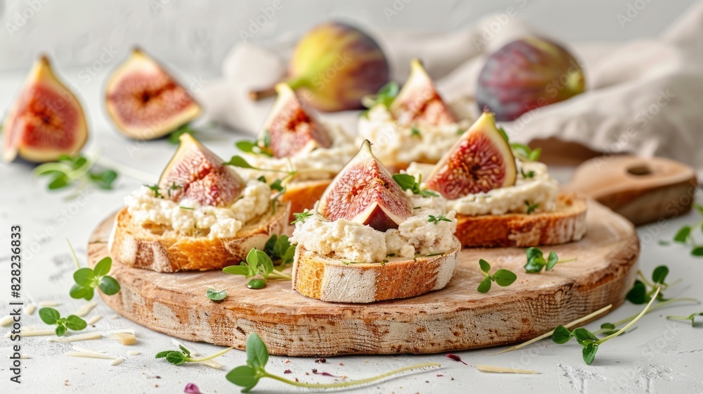 Fresh And Tasty Bruschetta With Figs, Cream Cheese And Microgreens On A Wooden Board. Fresh And Tasty Bruschetta With Figs, Cream Cheese And Microgreens On A Wooden Board.