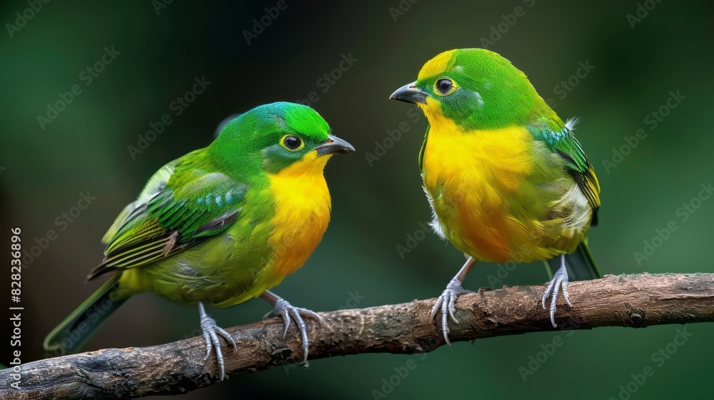 Two Colorful Green And Yellow Birds Perched On A Branch With A Blurred Background. Two Colorful Green And Yellow Birds Perched On A Branch With A Blurred Background.