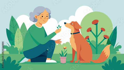 An elderly woman sits in her garden her loyal dog by her side as she brushes its fur and talks to it about her day.. Vector illustration
