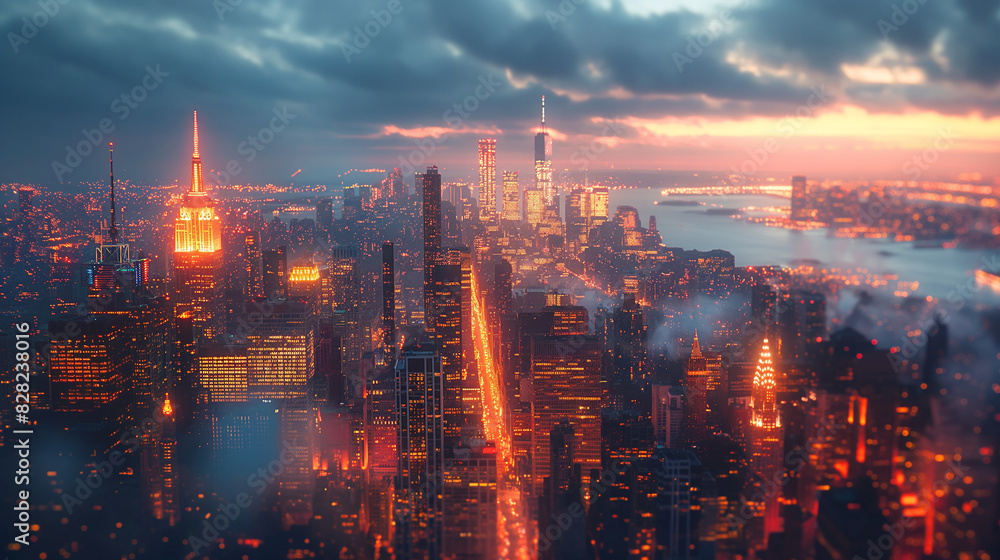 Fototapeta premium Colorful lights emerging from Manhattan city at dusk.