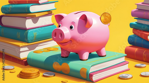 Wallpaper Mural A small Piggy bank and money coins placed on the books on isolated yellow background, financial planning concept
 Torontodigital.ca