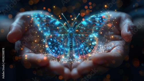 A digital abstract butterfly flies from businessman hands.