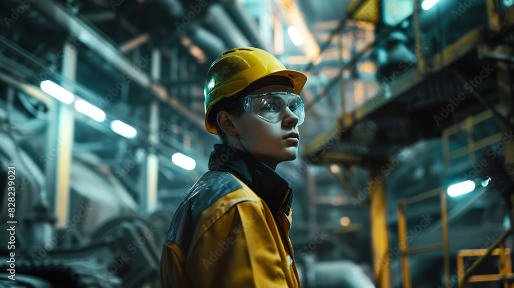 The concept of hiring young professionals. A worker in a yellow jacket, hard hat and protective gloves stands in a large industrial building. A young mechanic or locksmith The concept of hiring young professionals. A worker in a yellow jacket, hard hat and protective gloves stands in a large industrial building. A young mechanic or locksmith