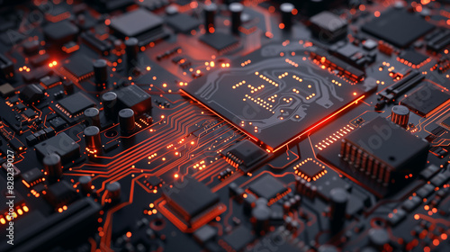 A close-up of a digital chip with complex circuitry on a dark motherboard.