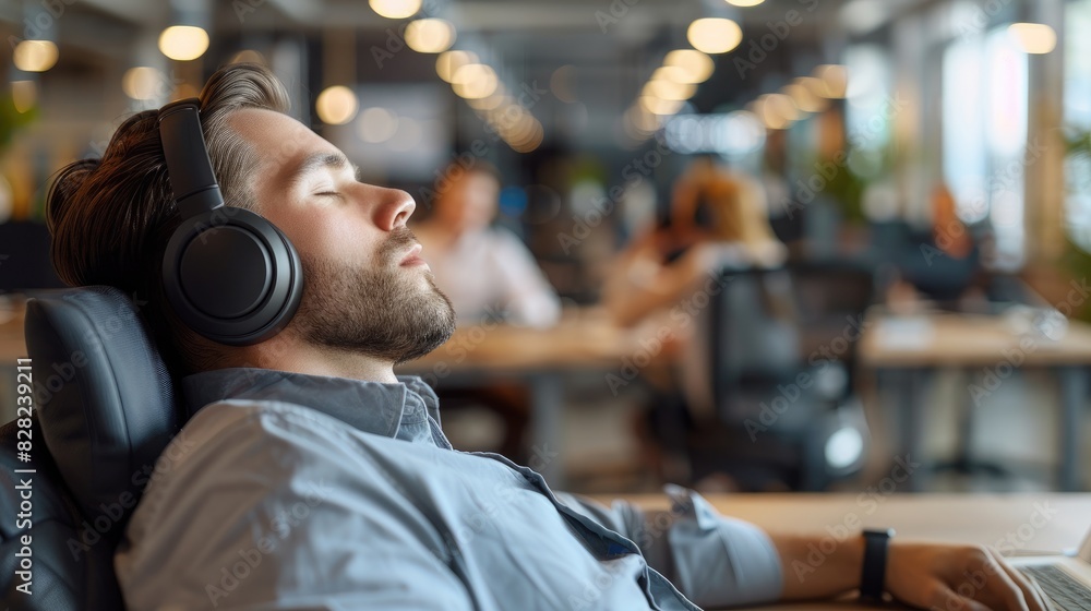 Serene Young Businessman Enjoying Music Break in Contemporary Office Setting, A man wearing headphones is relaxing Serene Young Businessman Enjoying Music Break in Contemporary Office Setting, A man wearing headphones is relaxing