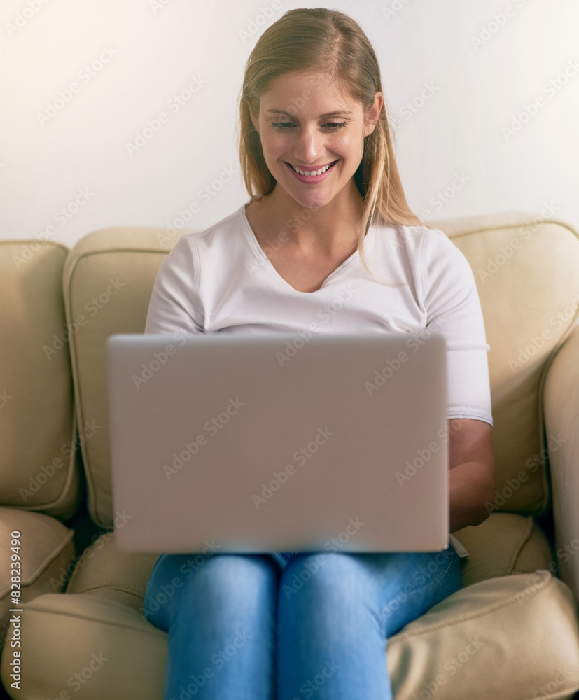 Happy, woman and laptop on sofa in home relaxing for streaming, online shopping and social networking. Female person, smile and technology on couch in house for remote work and internet search Happy, woman and laptop on sofa in home relaxing for streaming, online shopping and social networking. Female person, smile and technology on couch in house for remote work and internet search