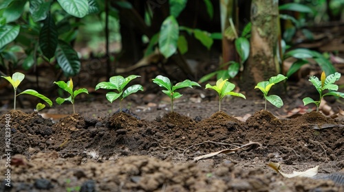 A row of small tree saplings planted in the earth, each at different stages of growth, showcasing a progression from seedling to young tree