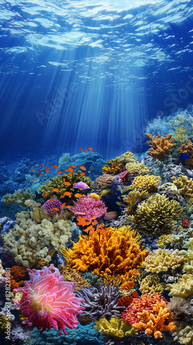 Fototapeta Naklejka Na Ścianę i Meble -  A vibrant coral reef underwater scene, the colorful marine life and corals set against the clear blue of the ocean. Casting long shadows across the ocean floor.