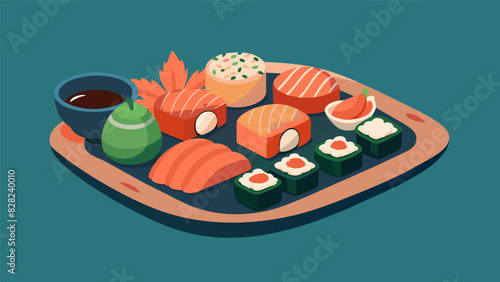 An elegant and sophisticated platter featuring sushi and sashimi in a variety of shapes and sizes.. Vector illustration