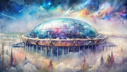 Colossal MSG Sphere arena in Las Vegas, blended with generative technology and watercolor effect photo