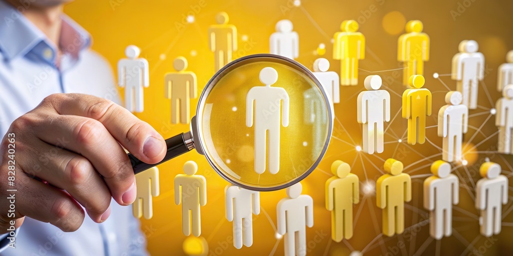 Stock photo of a hand holding a magnifying glass with yellow people ...