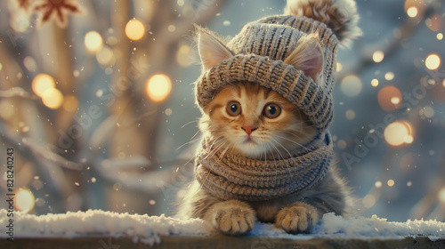 Step into a whimsical world where a cute kitten dons a stylish scarf and a warm hat, looking utterly adorable against a backdrop of winter wonder. 
 photo