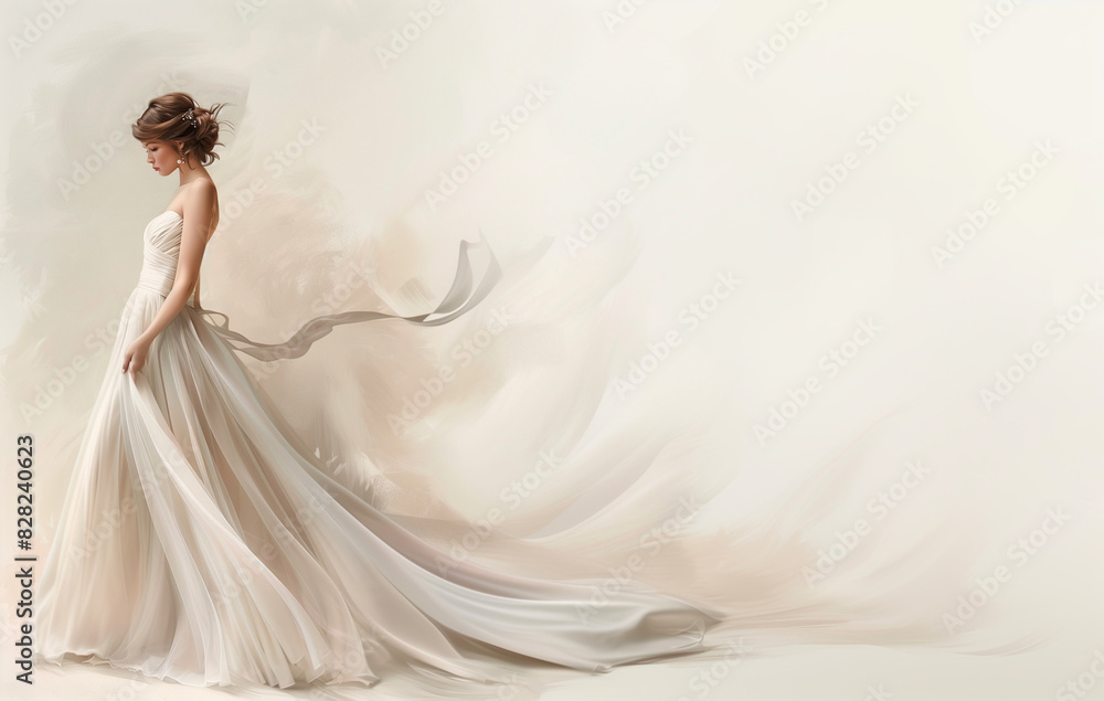 Naklejka premium Detailed Bride Illustrations: Wedding Fashion Art - fashion illustration artwork - elegant dress sketches - Clean composition, Ample Negative Space - Space for Text 