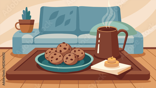 A wooden tray filled with homemade cookies and a pot of steaming hot chocolate arranged on a fluffy soft rug for a comfortable afternoon snack in the. Vector illustration