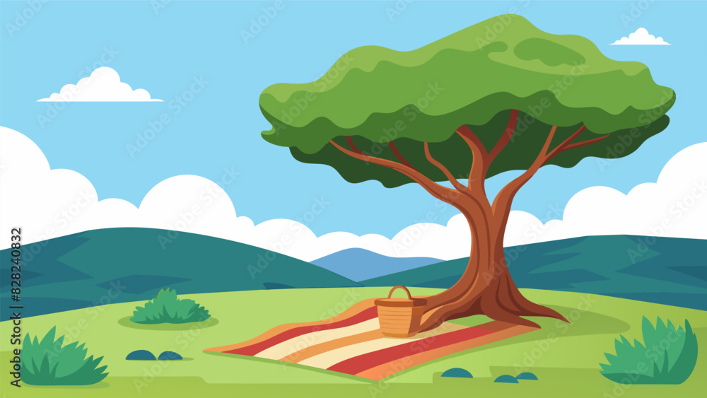 Fototapeta premium An open field with a woven blanket spread out under a sprawling tree providing a natural canopy for outdoor meditation.. Vector illustration