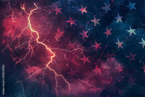 Patriotic themed navy and crimson lightning explosion on a starry night backdrop.