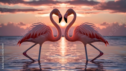 Two pink flamingos forming heart shape with their necks