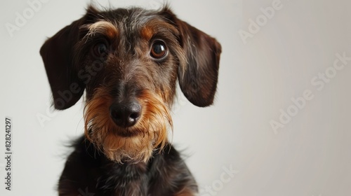 Female Wire Haired Dachshund posing against white backdrop photo