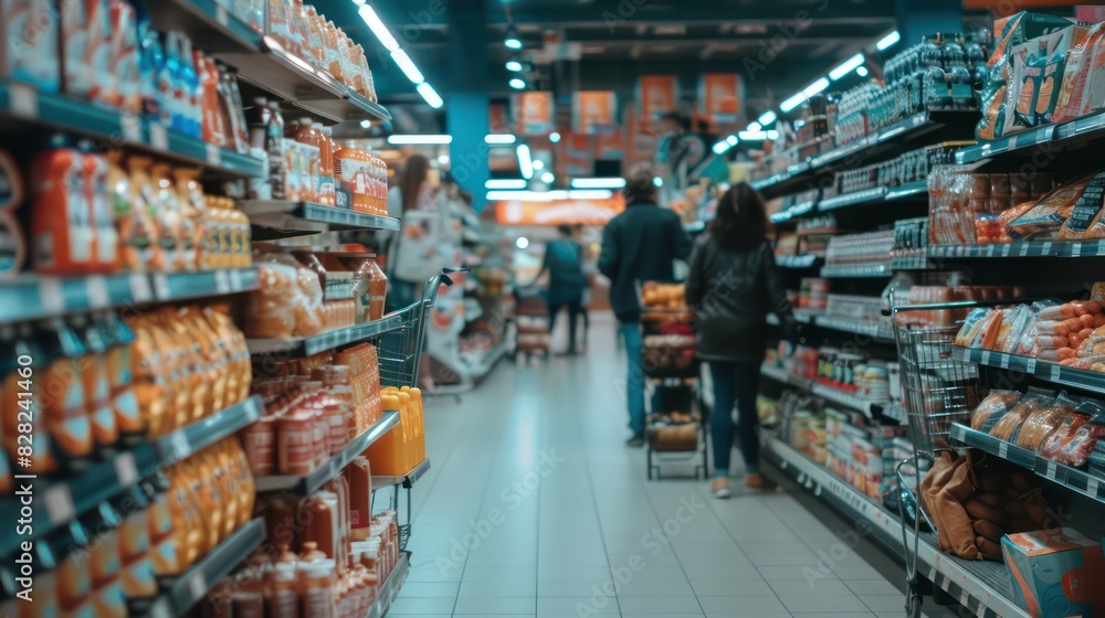 A busy supermarket aisle with shoppers pushing carts and browsing products A busy supermarket aisle with shoppers pushing carts and browsing products