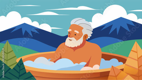 A senior man taking a dip in a natural hot spring the warm water soothing his aches and pains as he breathes in the fresh mountain air.. Vector illustration