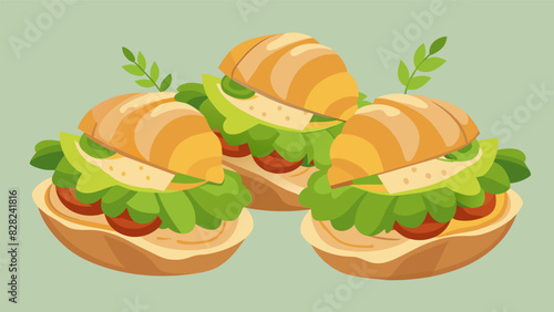 Bitesized chicken salad sandwiches on flaky croissants garnished with fresh herbs and topped with a slice of avocado.. Vector illustration
