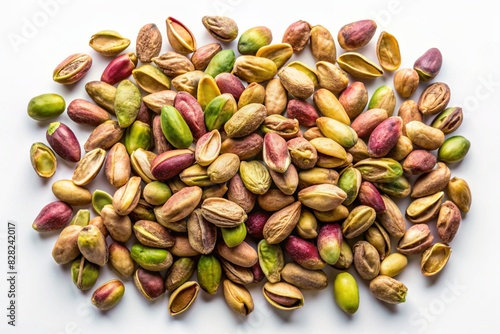 raw unshelled pistachios scattered on white background top view