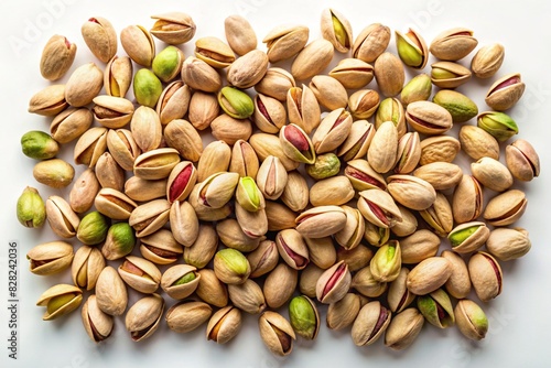 raw unshelled pistachios scattered on white background top view